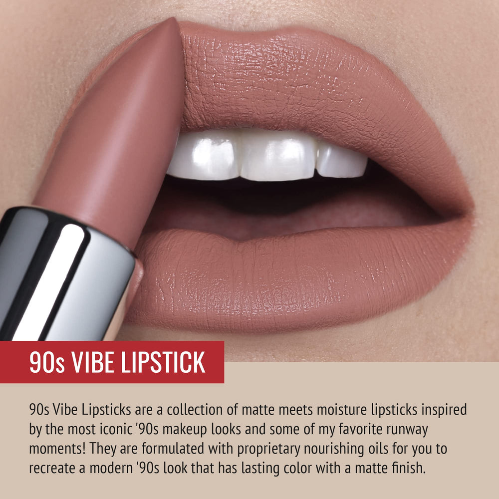 Runway Rogue 90s Vibe Booked Out lipstick swatch, rose-nude hydration.