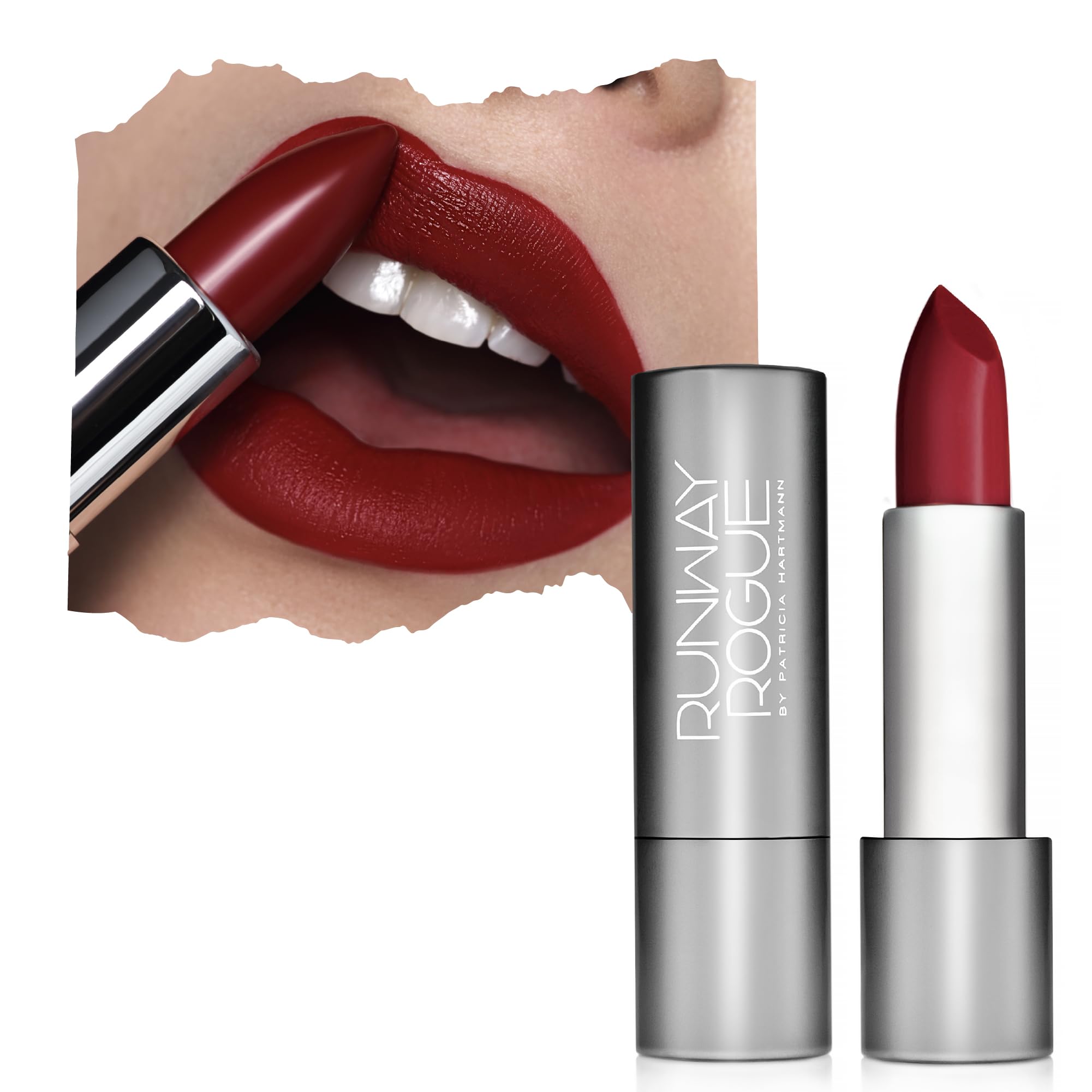 Runway Rogue Celeb lip swatch shows rich berry-red color and creamy hydration.