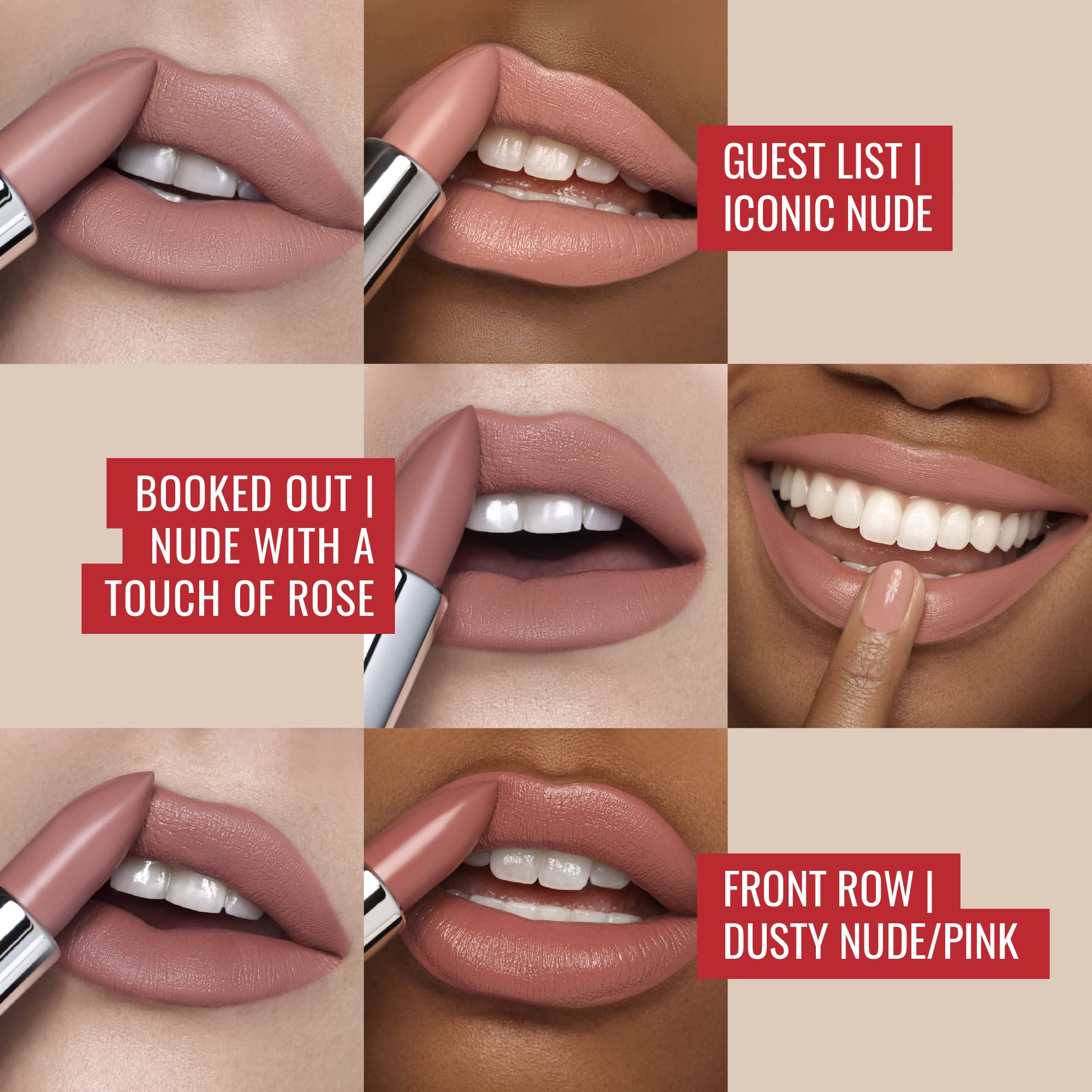 Runway Rogue 90s Vibe Front Row lipstick swatch, nude-pink with smooth wear.