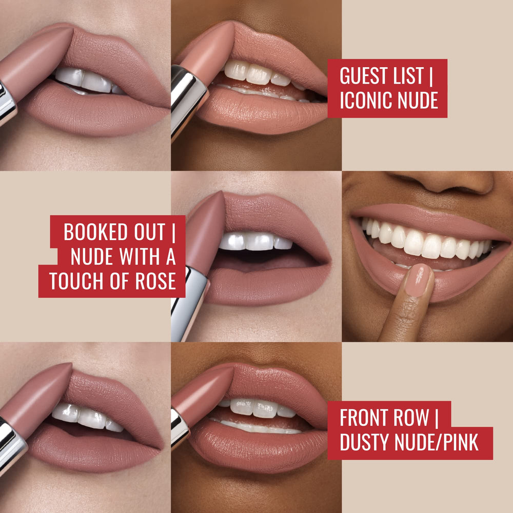 Runway Rogue 90s Vibe Front Row lipstick swatch, nude-pink with smooth wear.