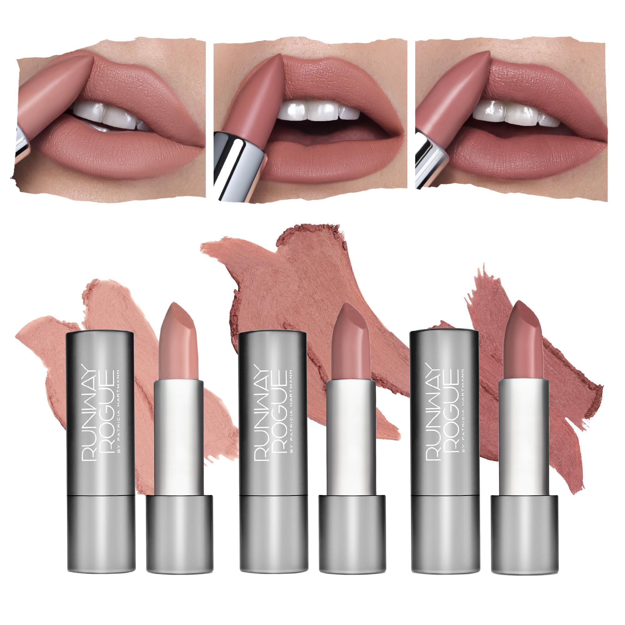 Runway Rogue 90s Vibe Guest List lipstick swatch, moisturizing nude daily shade.