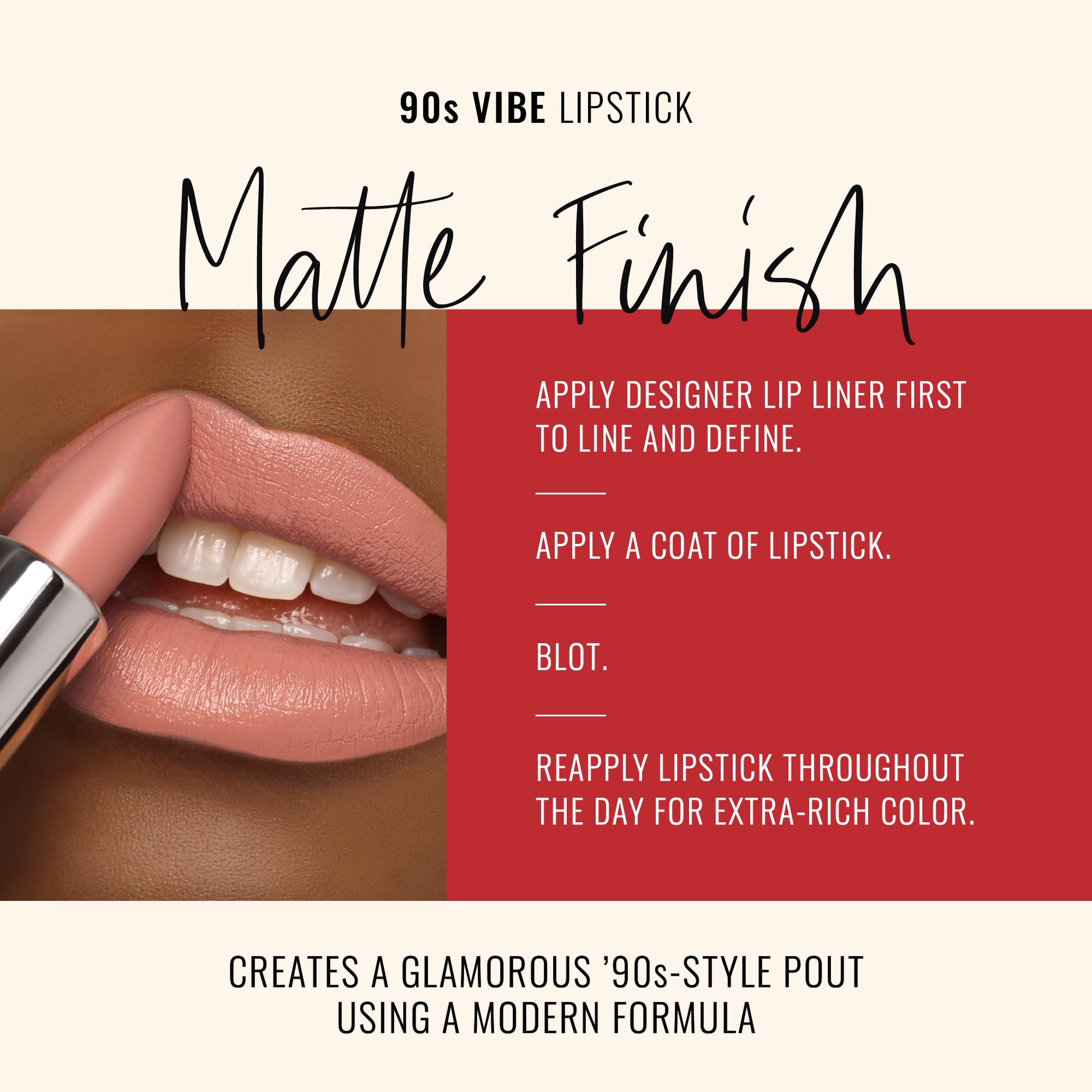 Runway Rogue 90s Vibe lipstick matte finish for versatile day-to-night looks.