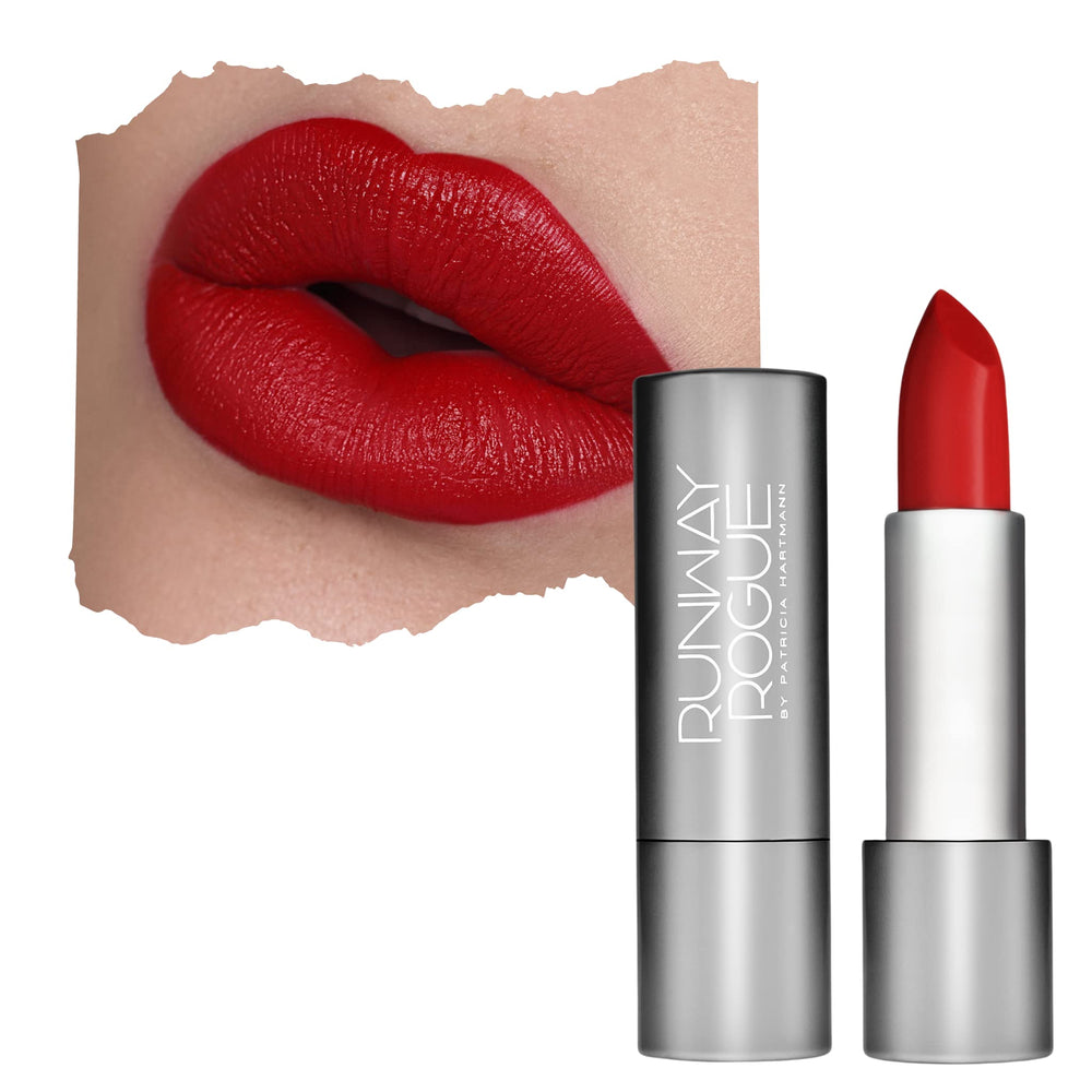 Runway Rogue 90s Vibe Lipstick Red Carpet swatch shows bold true-red for daily glam
