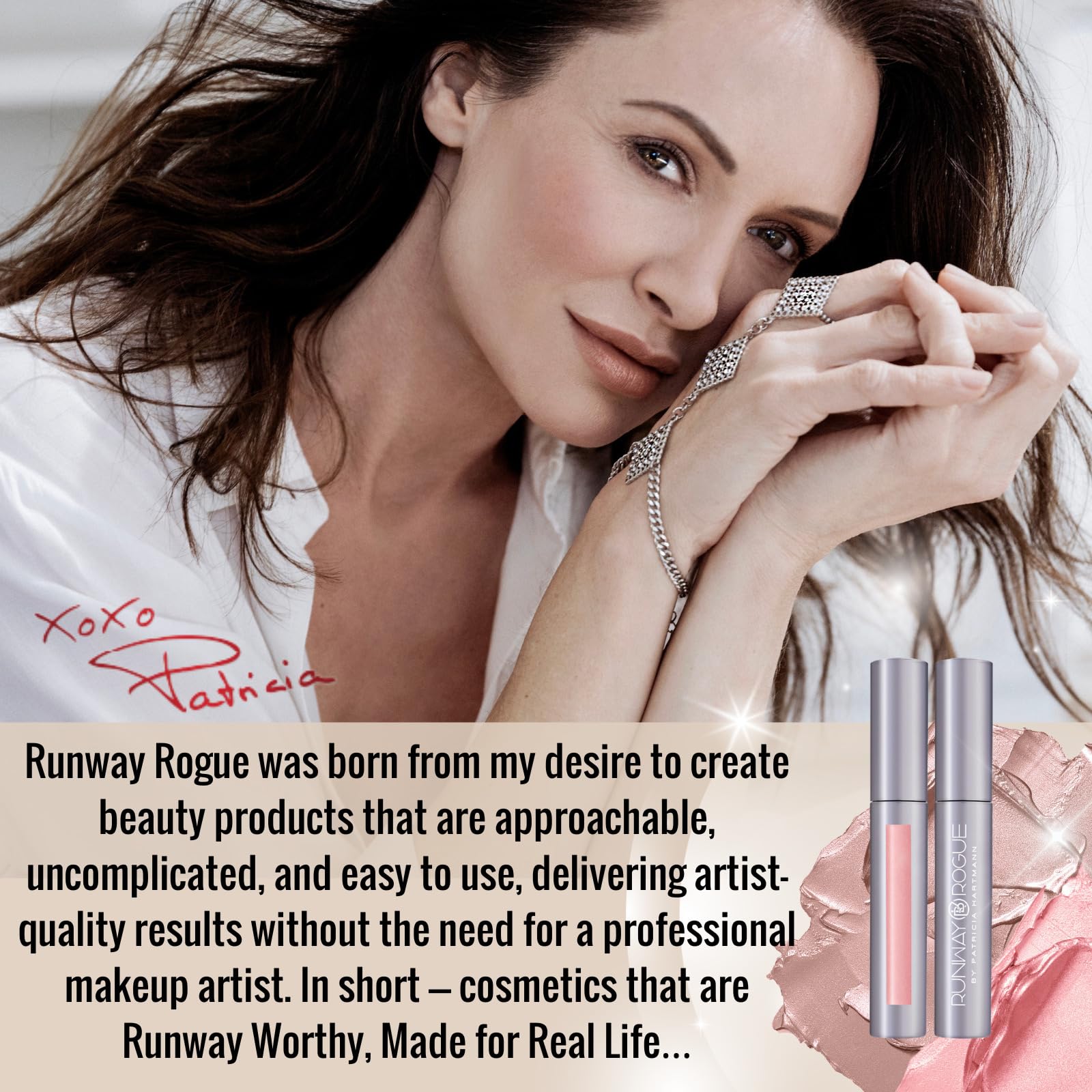 Model wearing Runway Rogue Chameleon lip gloss for versatile day-to-evening glam.