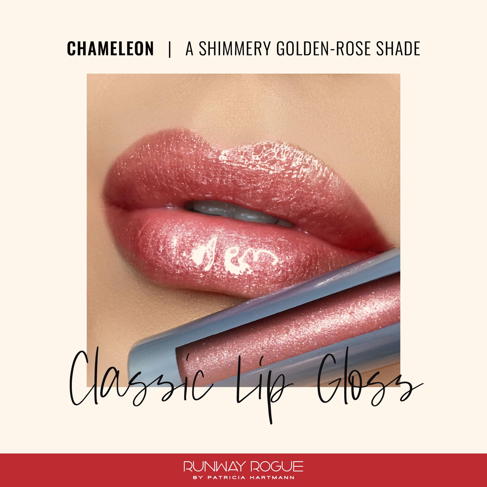 Runway Rogue Chameleon swatches on lips showing sheer rose-gold radiance.