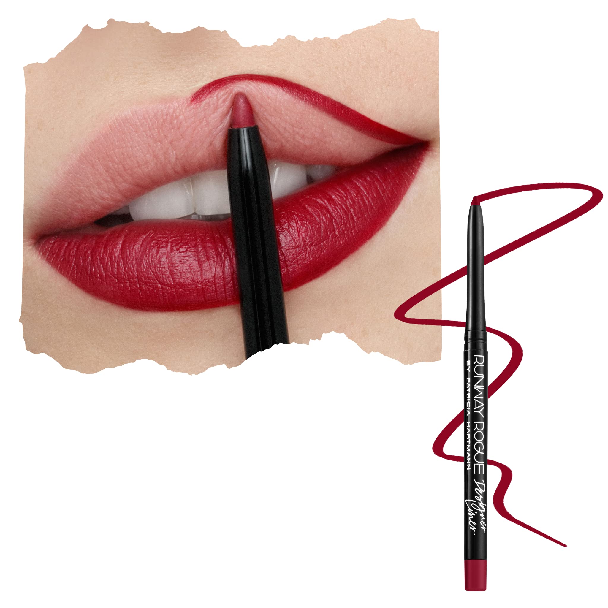 Runway Rogue Designer Liner Pencil crimson closeup for precise lip definition.