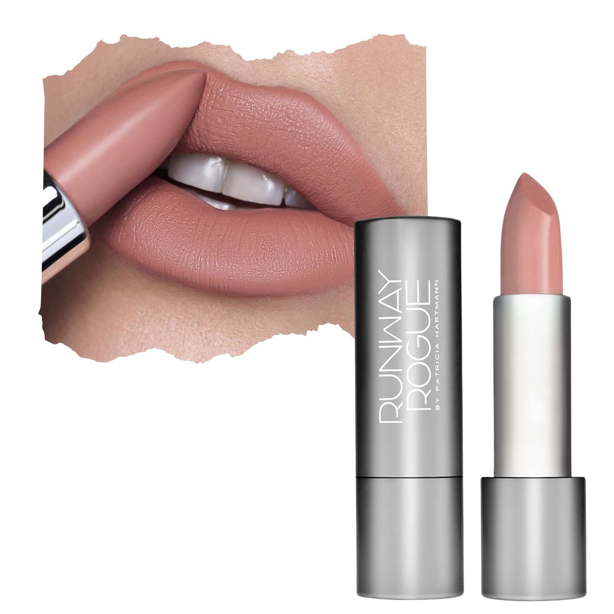 Runway Rogue Guest List lipstick swatch shows velvety nude finish with long wear.