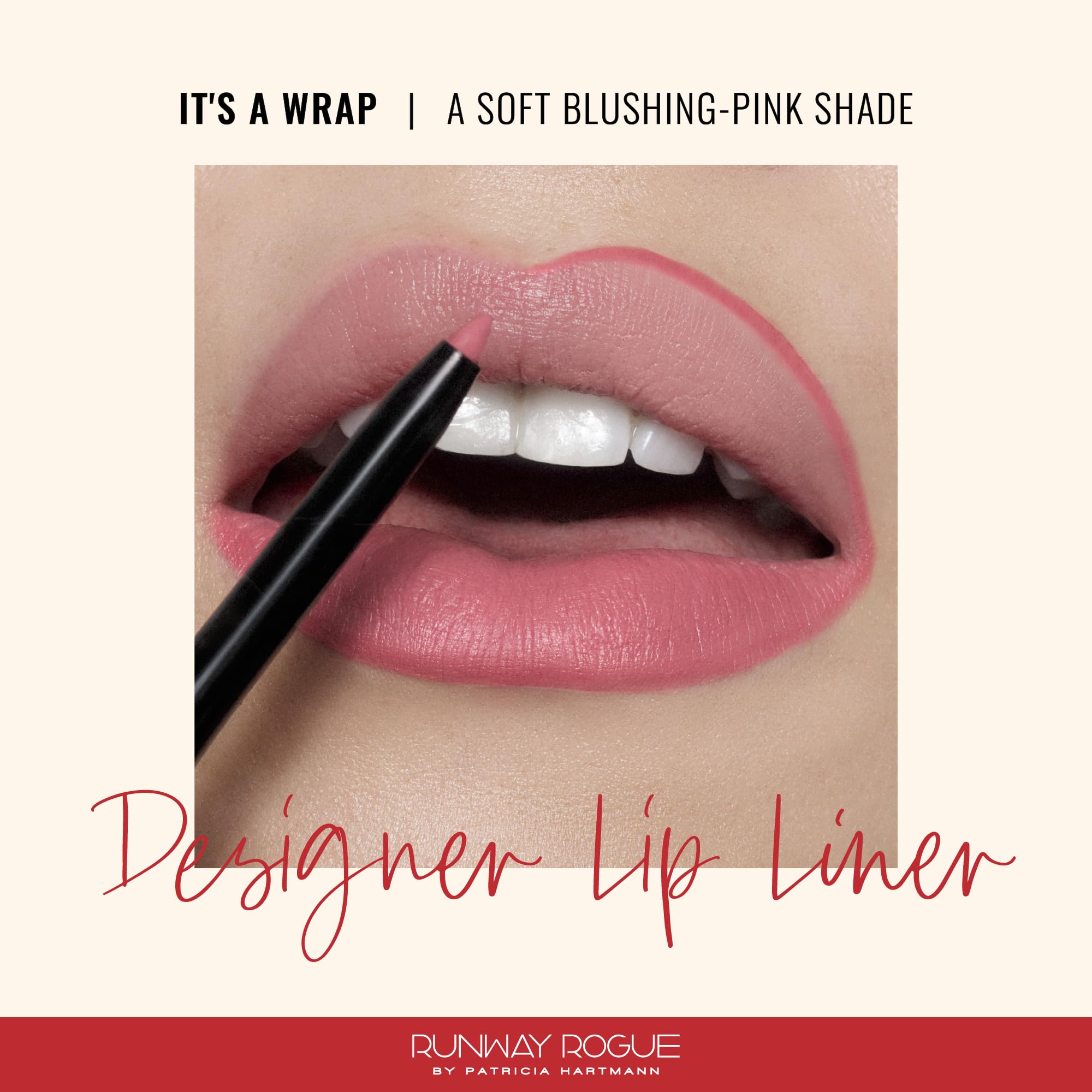 Runway Rogue It's a Wrap lip liner swatch in soft blush pink, easy to blend.