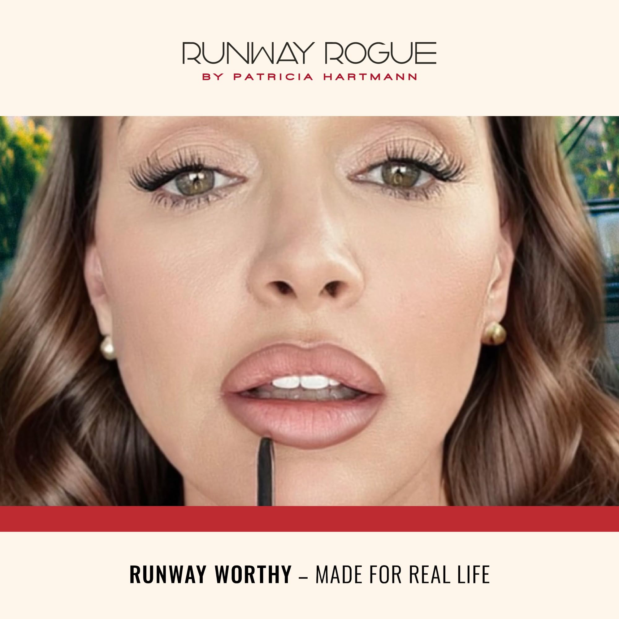 Application close-up of Runway Rogue lip liner defining edges
