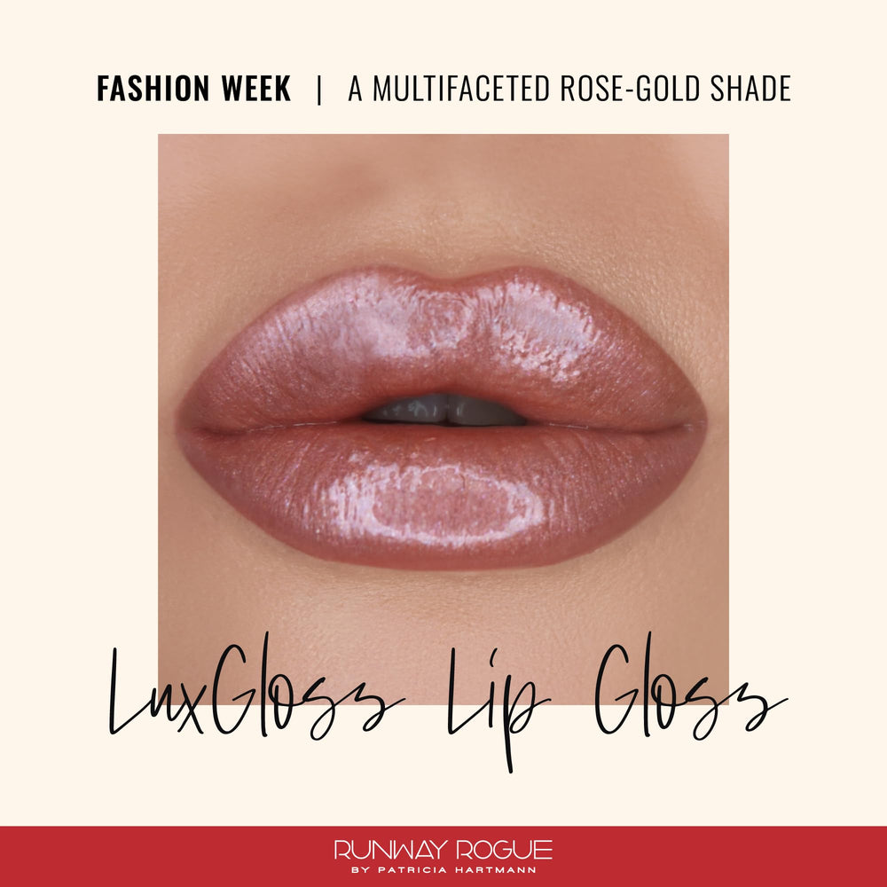 Runway Rogue LuxGloss Fashion Week application close-up highlights rich pigment and shine.