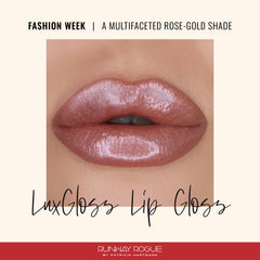 Runway Rogue LuxGloss Fashion Week application close-up highlights rich pigment and shine.
