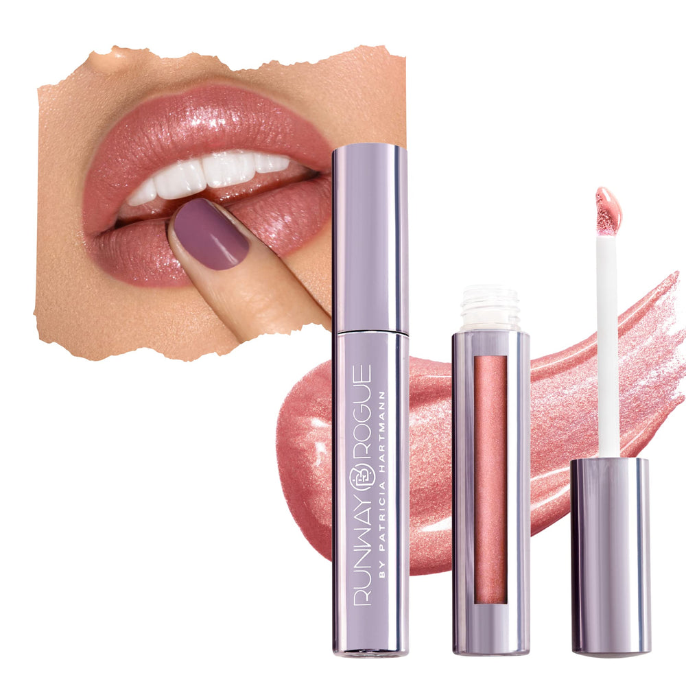 Runway Rogue LuxGloss Strike a Pose tube closeup shows luxurious muted-rose shade for everyday glamour