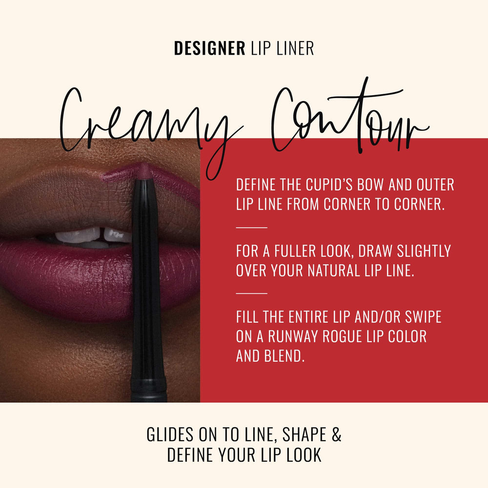 Runway Rogue matte creamy formula delivers long-lasting, feather-resistant color.
