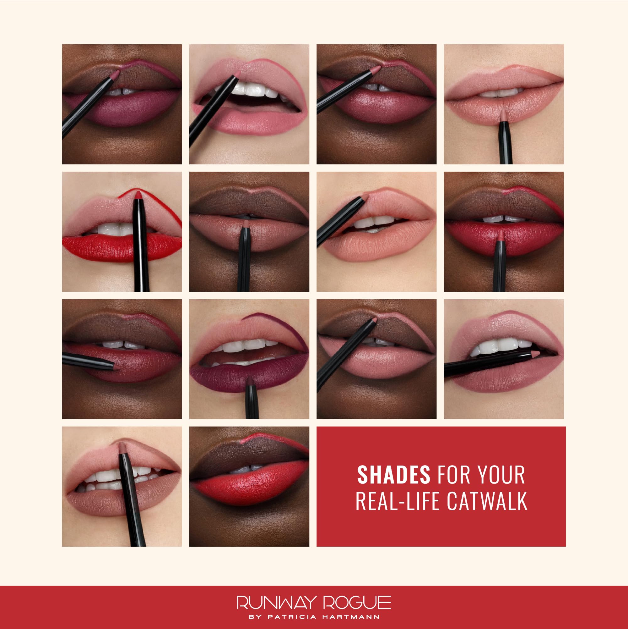 Runway Rogue non-feathering, water-resistant lip liner for lasting definition.