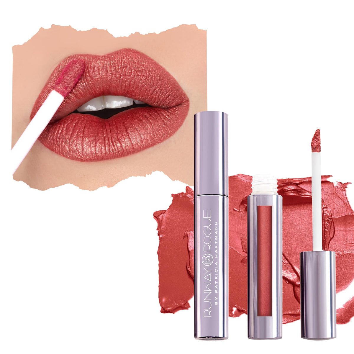 Runway Rogue Pearl Glam Day Rate swatch shows metallic earthy red on lips.