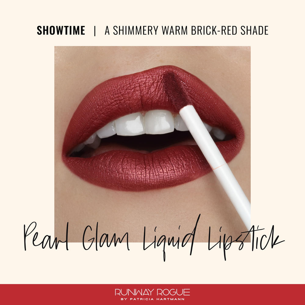 Runway Rogue Pearl Glam Showtime warm brick-red swatch with silver-gold shimmer