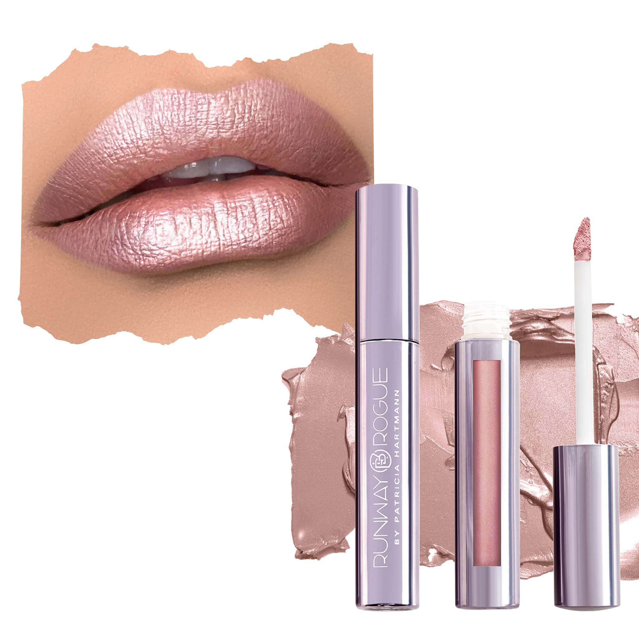 Runway Rogue Pearl Glam soft-box bottle with metallic nude shimmer for all-day glow.