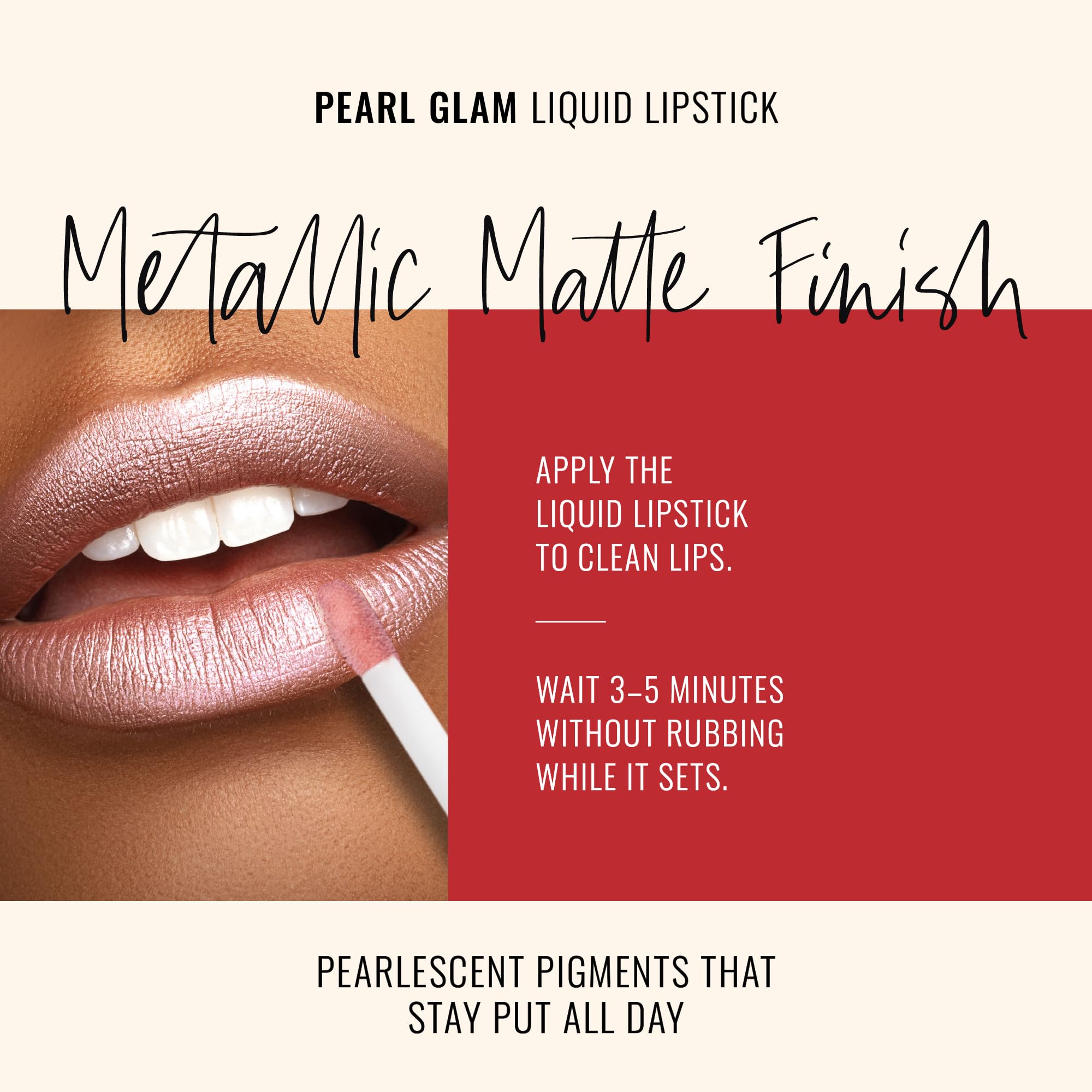 Pearl Glam texture close-up reveals silver and gold shimmer on lips.