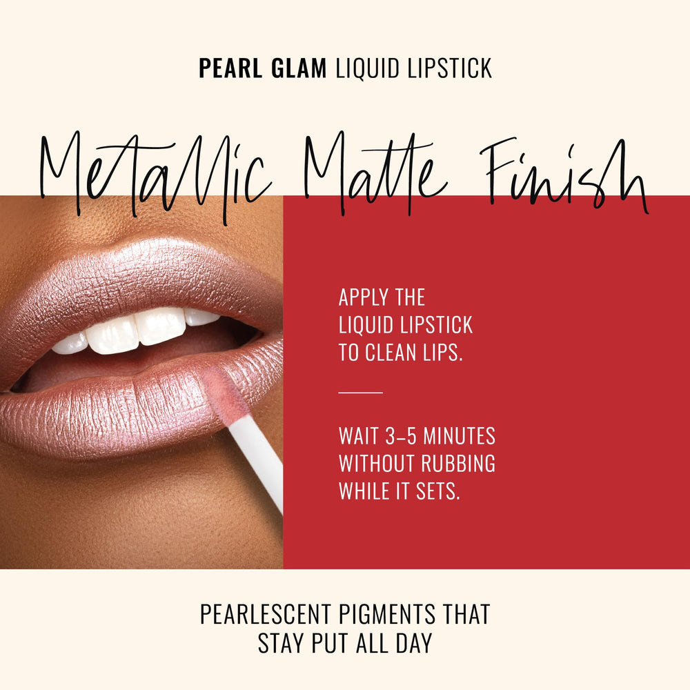 Pearl Glam texture close-up reveals silver and gold shimmer on lips.