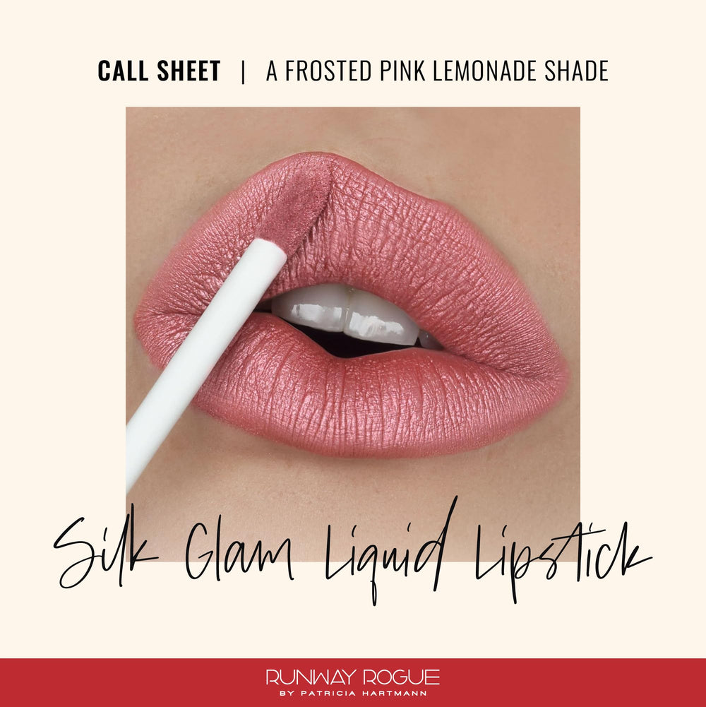 Runway Rogue Silk Glam Call Sheet application close-up showing long-wear frosted pink