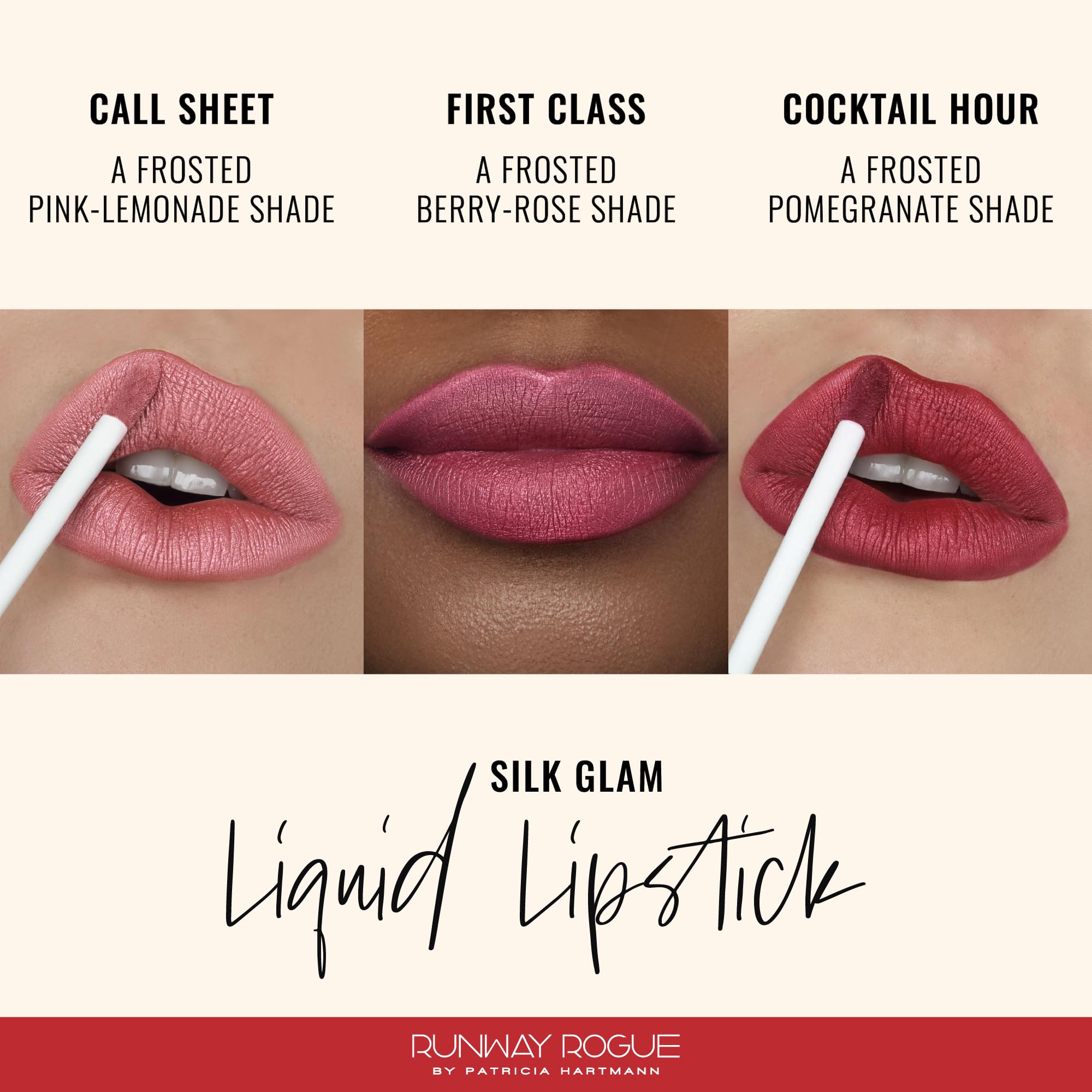 Runway Rogue Silk Glam Cocktail Hour lipstick shows bold pomegranate red with rich payoff.