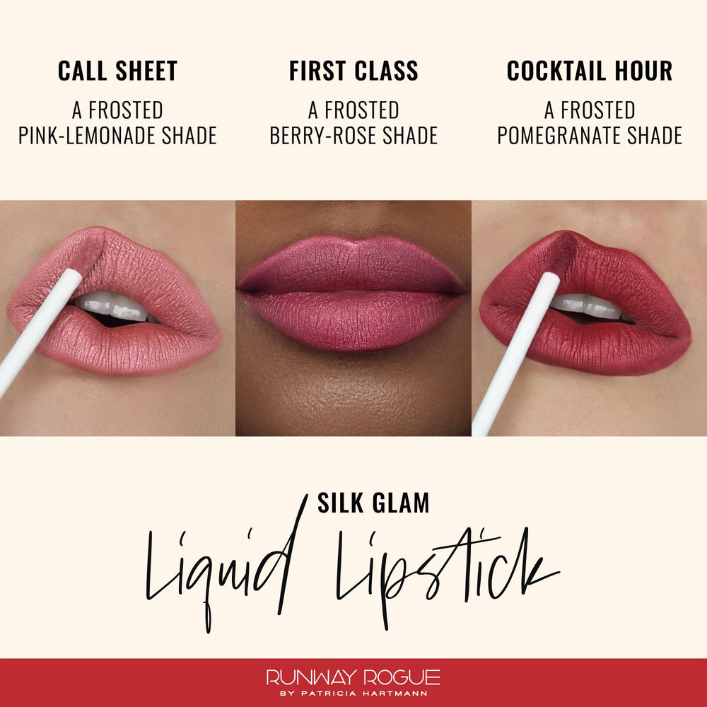 Runway Rogue Silk Glam Cocktail Hour lipstick shows bold pomegranate red with rich payoff.