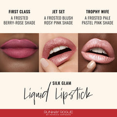Runway Rogue Silk Glam Jet Set lip swatch on skin shows pink satin glow