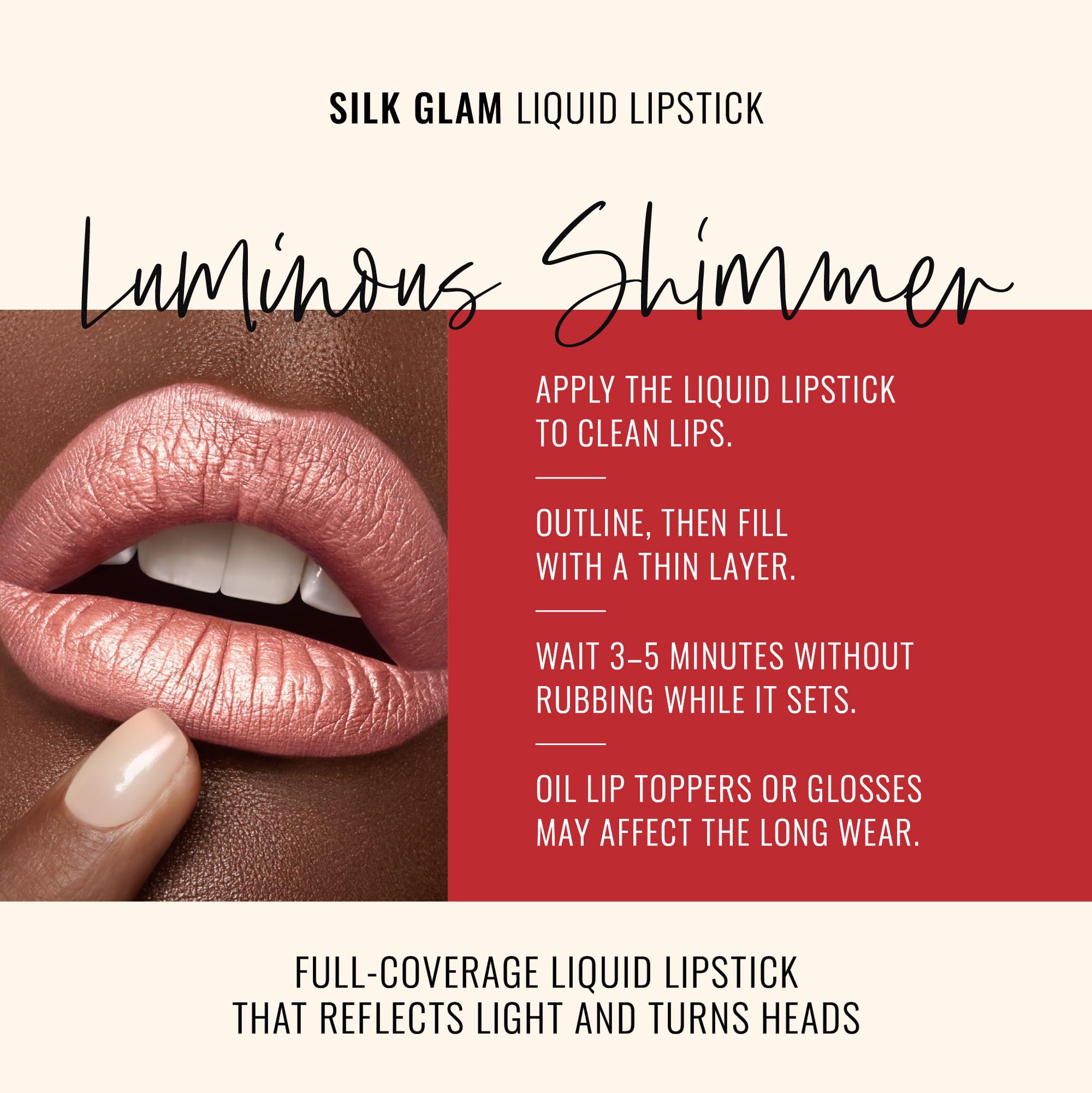 Runway Rogue Silk Glam application on lips for smooth, full-coverage look.