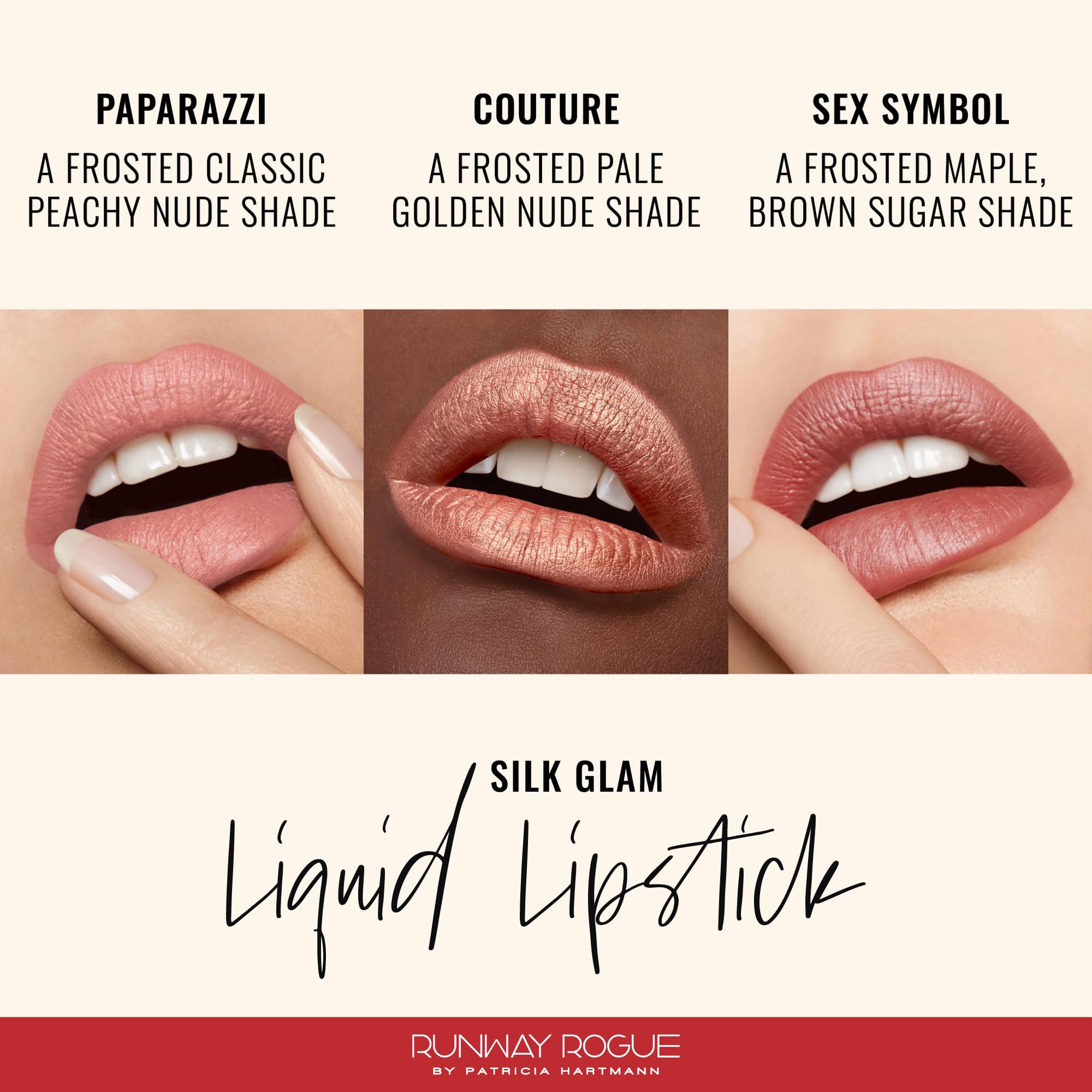 Runway Rogue Silk Glam Couture lip color in tube, golden-nude glow for a polished look.