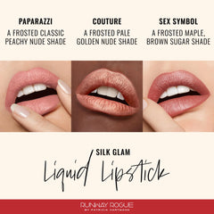 Runway Rogue Silk Glam Couture lip color in tube, golden-nude glow for a polished look.