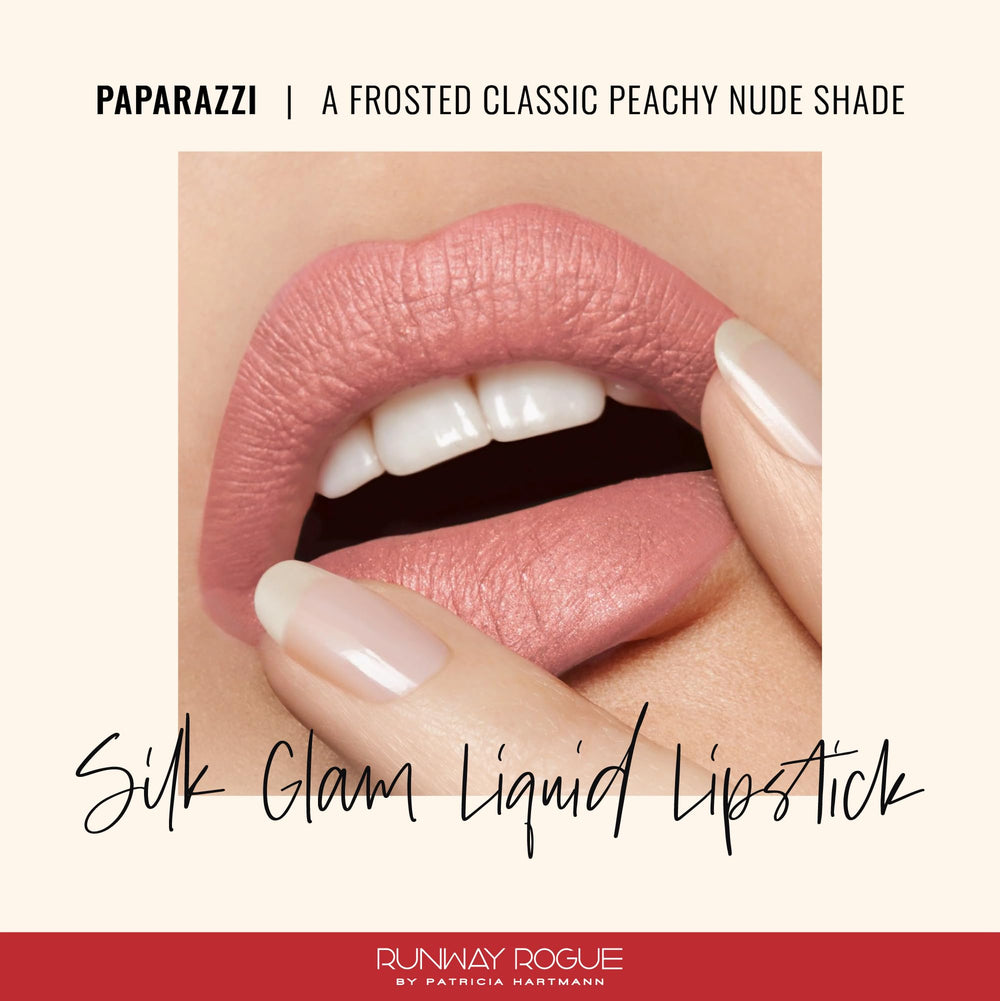 Runway Rogue Silk Glam Lipstick applying to lips for smooth, even coverage.