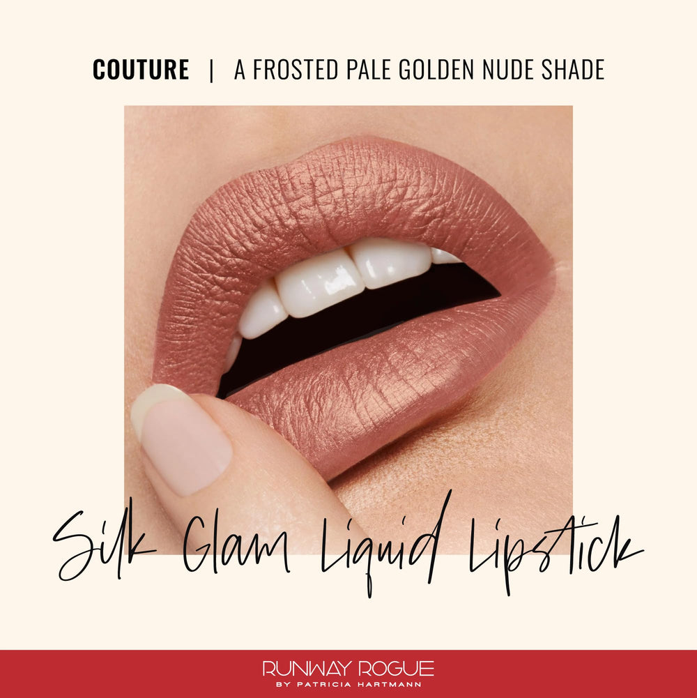 Applying Runway Rogue Silk Glam Couture for smooth, precise lip coverage.