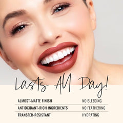 Close-up of That Walk! rustic red lips with velvety finish.