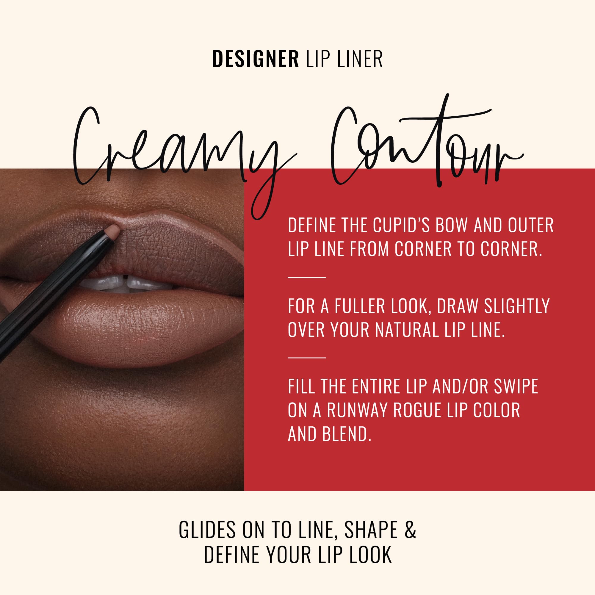 Runway Rogue Trendsetter lip pencil on lips with matte finish for defined edges.