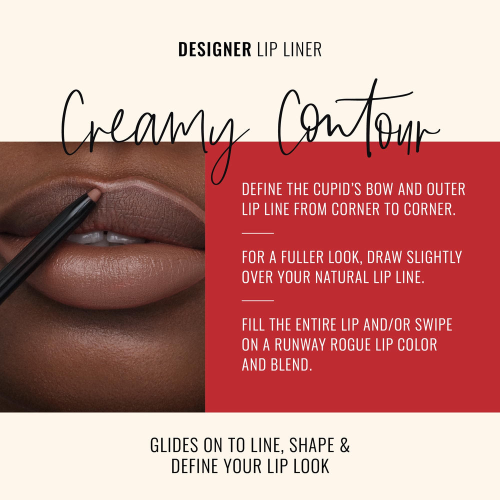 Runway Rogue Trendsetter lip pencil on lips with matte finish for defined edges.