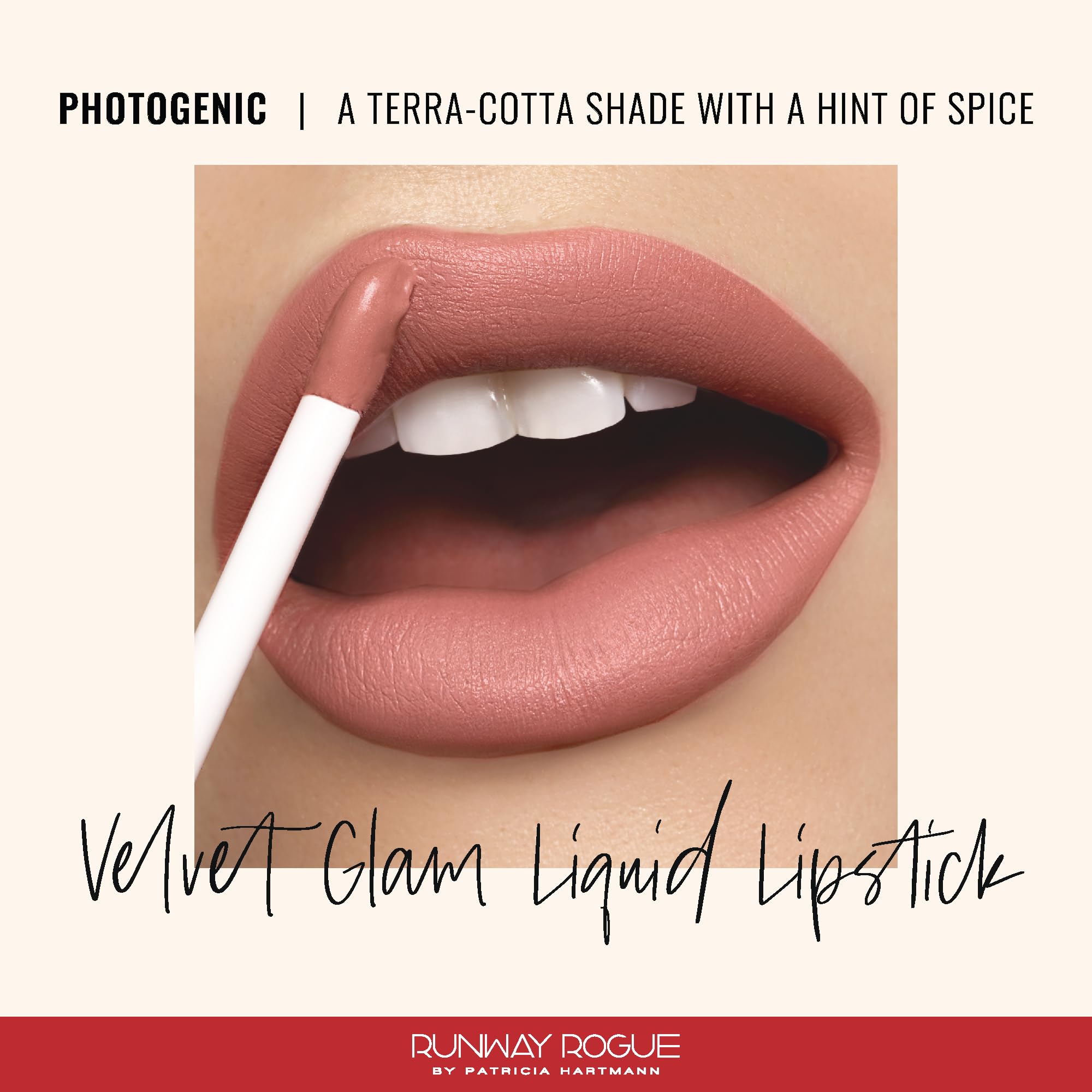 Runway Rogue Velvet Glam Lipstick wand applying for smooth, even coverage.