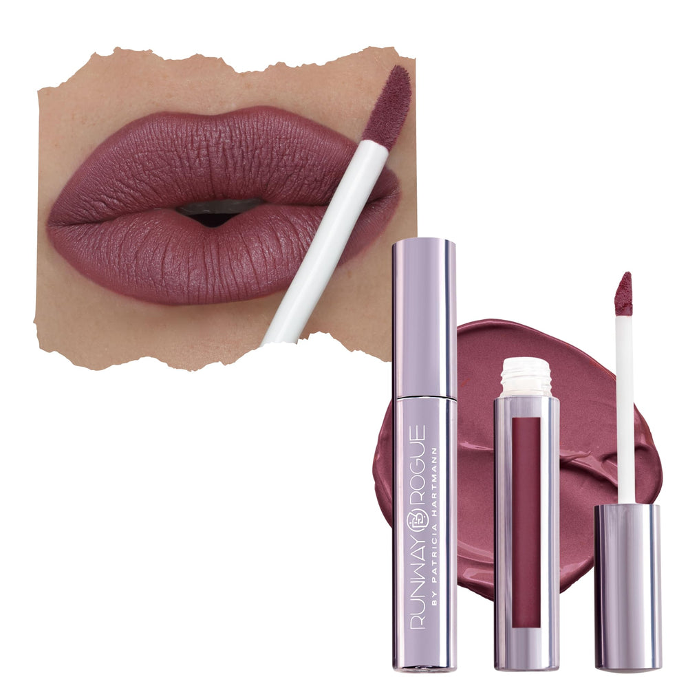 Runway Rogue Velvet Glam Lipstick On Stage bottle close-up showing rose-plum shade for long-lasting color