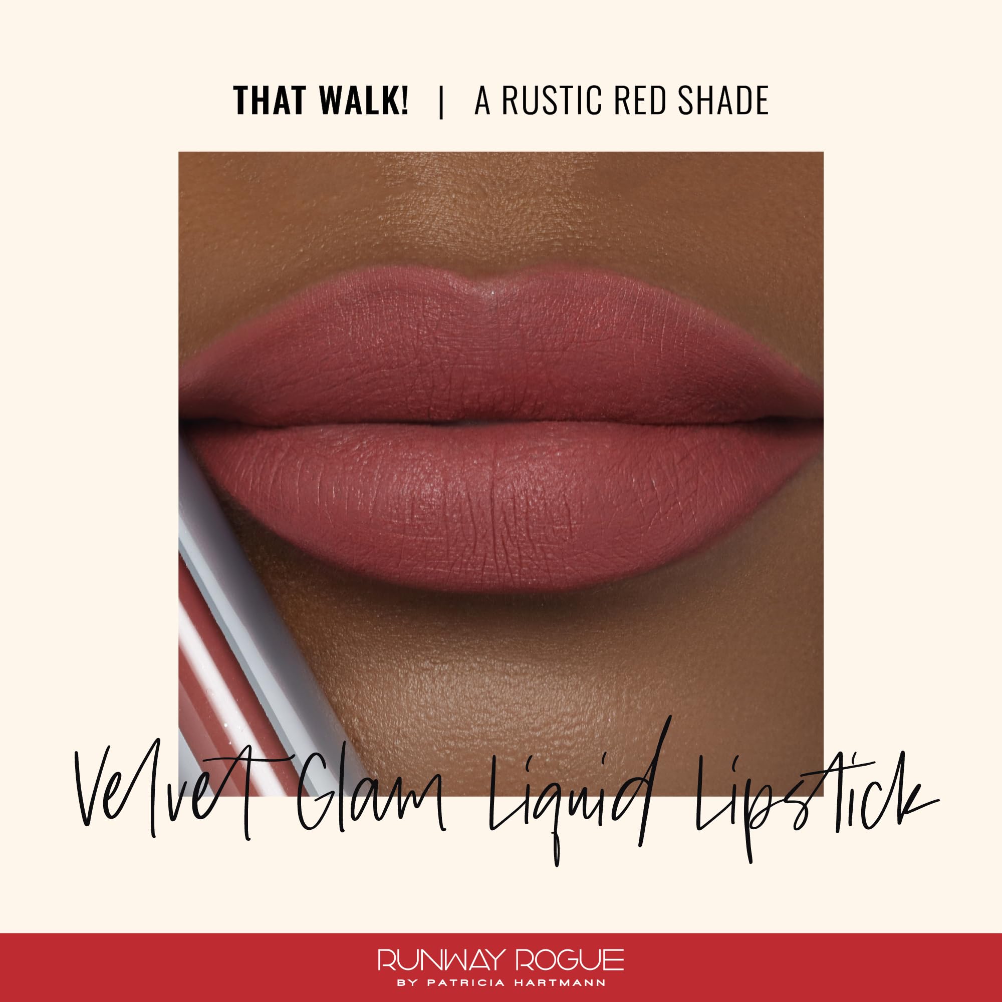 Runway Rogue Velvet Glam That Walk swatch on arm shows rustic red shade.