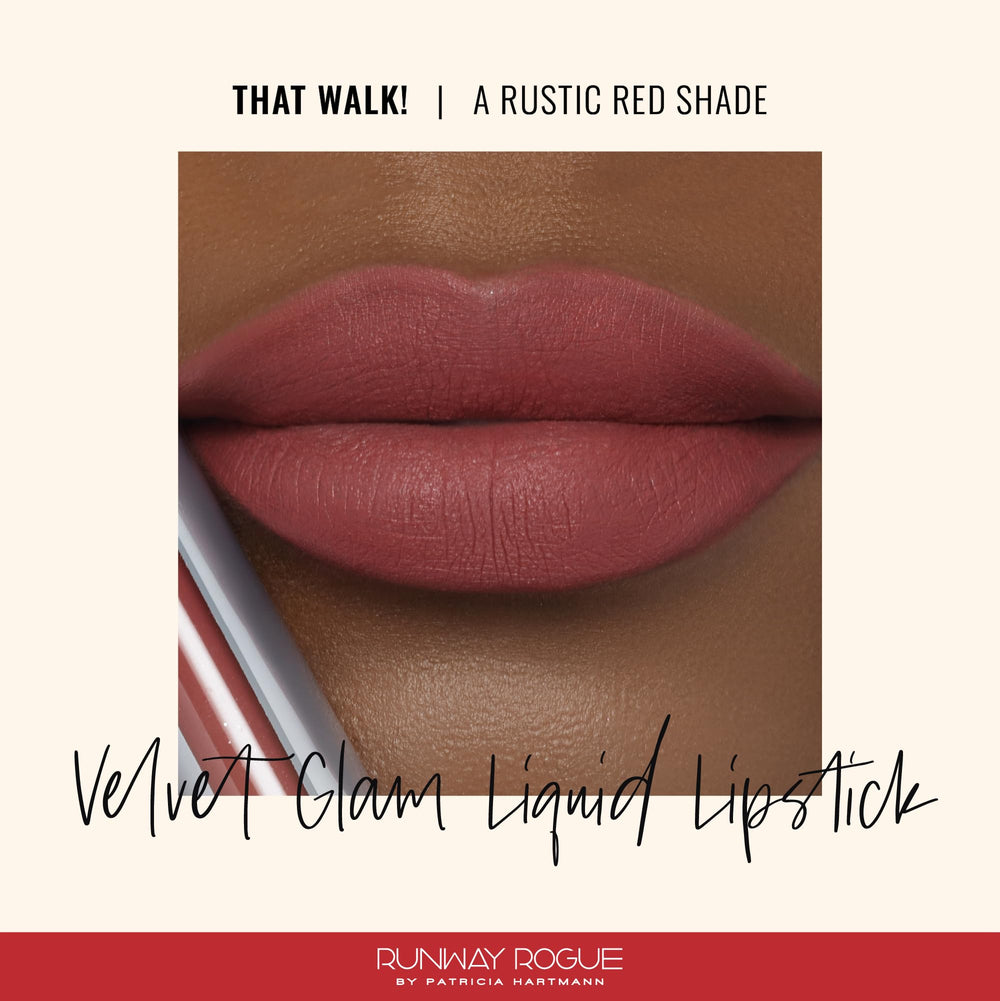 Runway Rogue Velvet Glam That Walk swatch on arm shows rustic red shade.