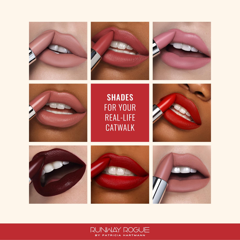 Runway Rogue vitamin E and squalane hydrate lip color for comfort.