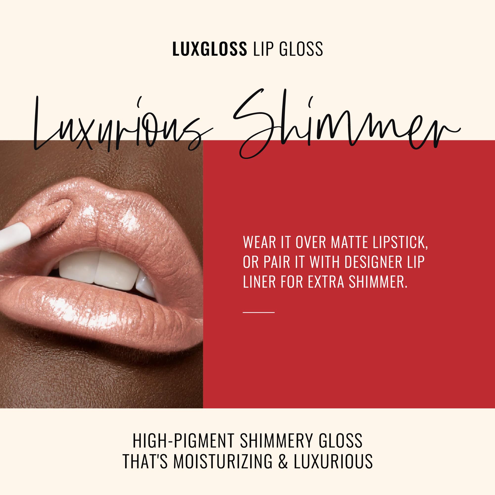 LuxGloss Photo Filter on lips delivering a high-shine finish.