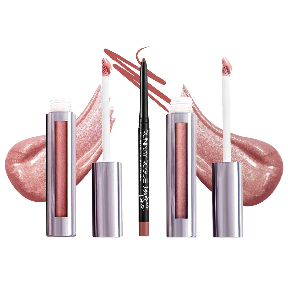 Runway Rogue LuxGloss Strike a Pose bottle swatch shows rosy shimmer for a luminous pout.