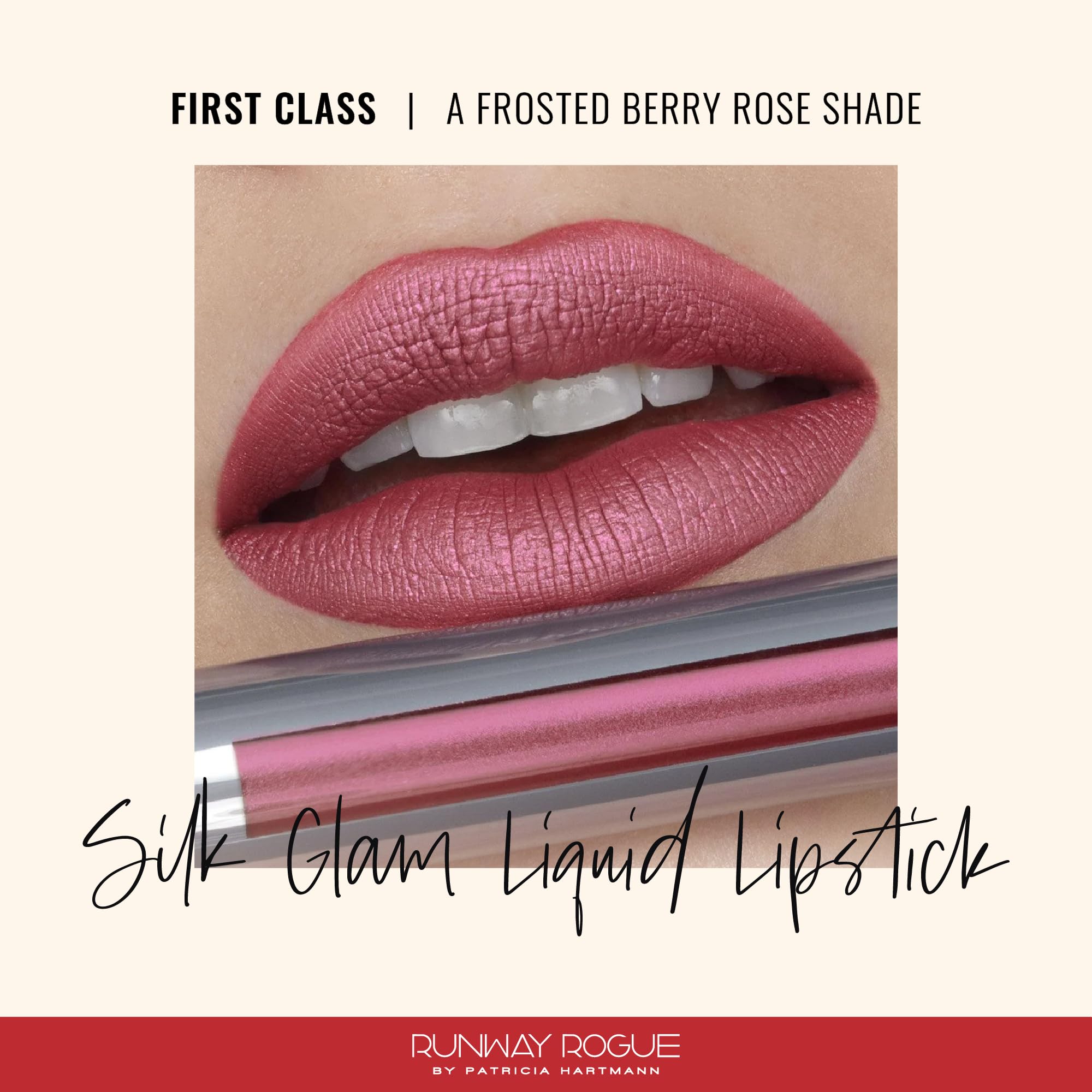 Runway Rogue Silk Glam First Class swatch on arm demonstrates frosted berry-rose color.