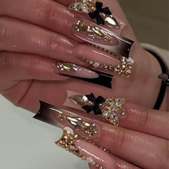 RUOKEXIN black French tip nails with gold 3D butterflies for glamorous at home nails
