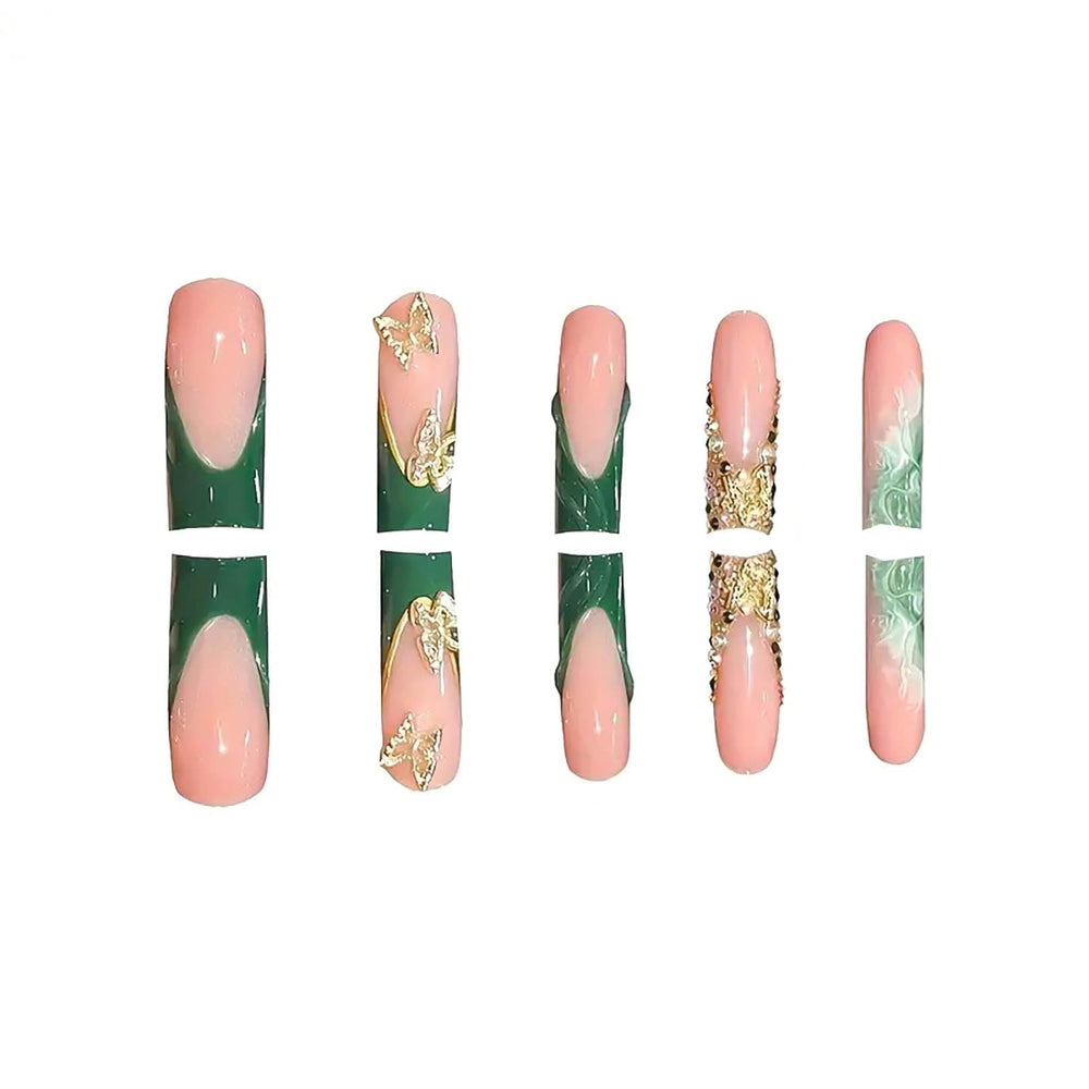 RUOKEXIN long square nails featuring 3D butterfly accents and shine.