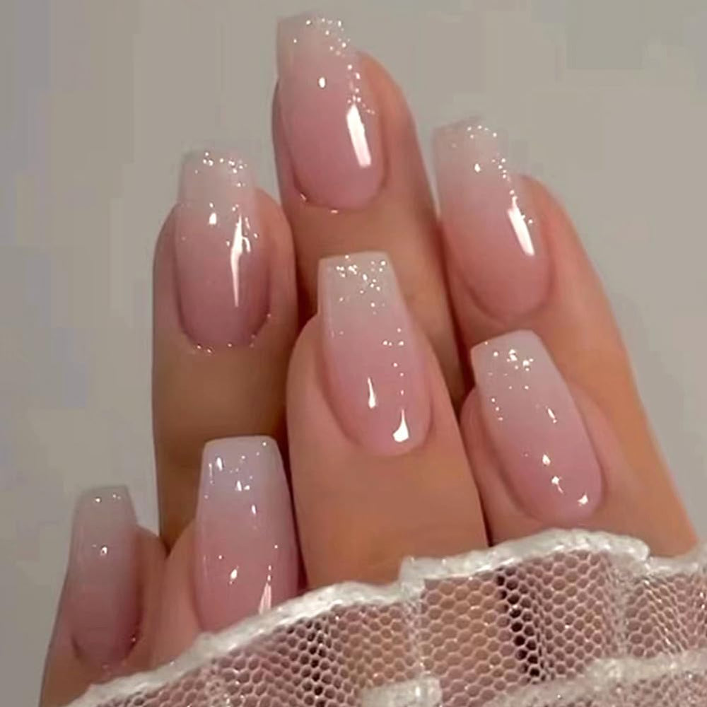 RUPOFUZA coffin nails pink white ombre with glitter for chic salon-ready look.