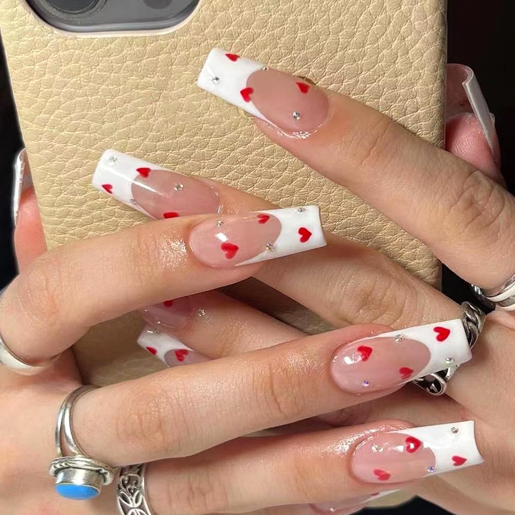 RUPOFUZA valentines press-on nails with long white French tip for a chic manicure