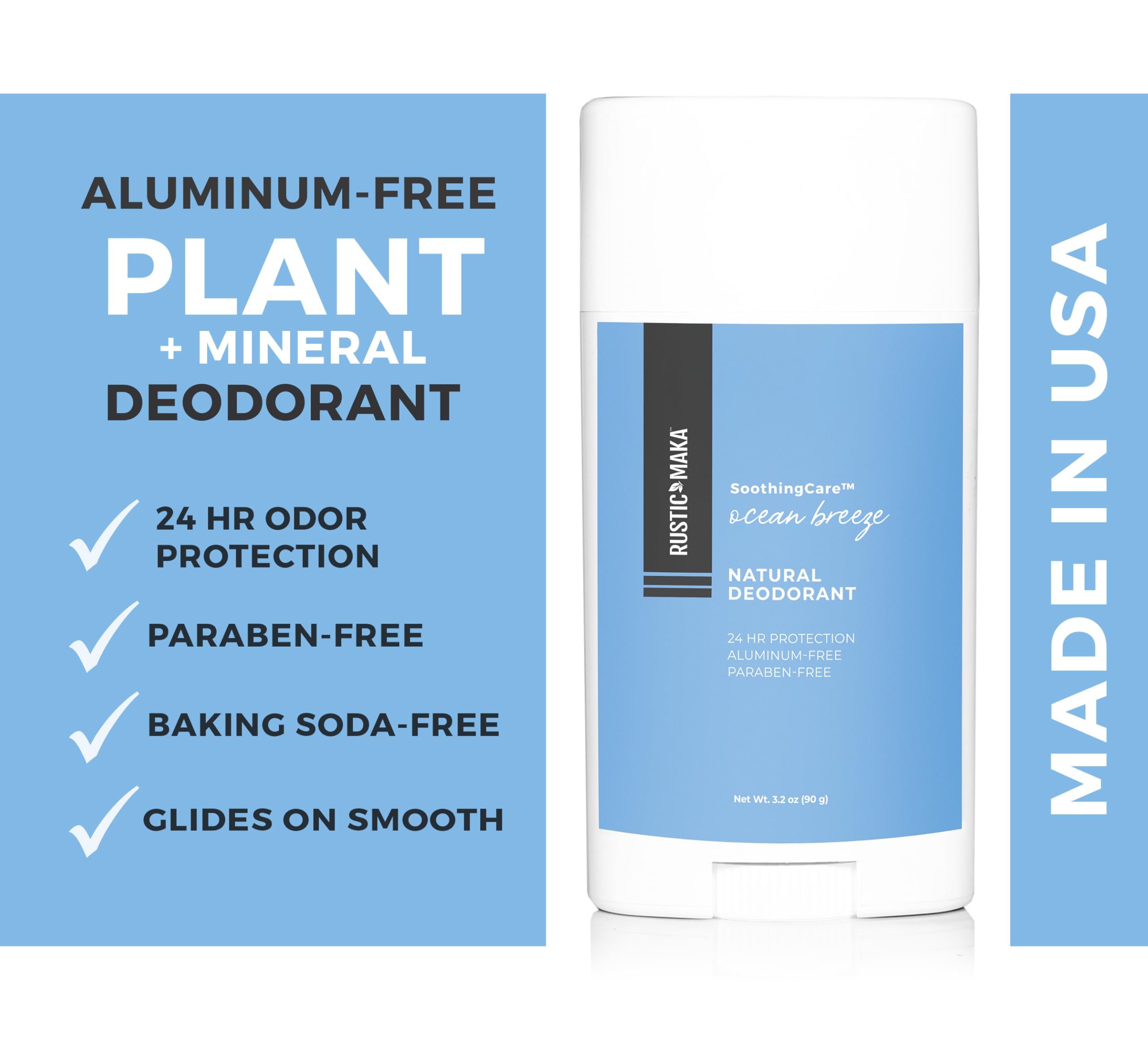 Packaging for Rustic MAKA Ocean Breeze highlights clean, aluminum-free care.