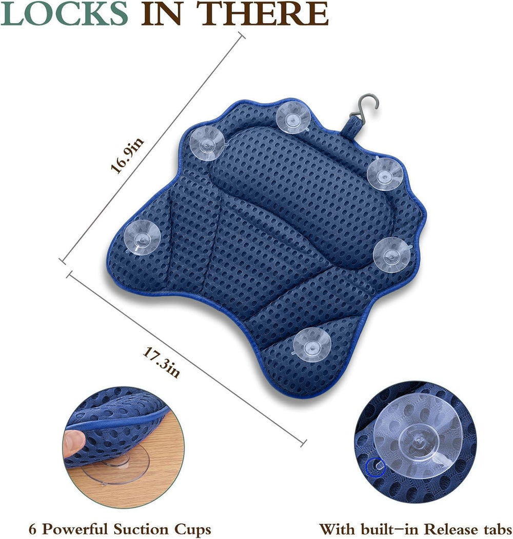RUVINCE bath pillow showing six suction cups for secure attachment on tub sides.