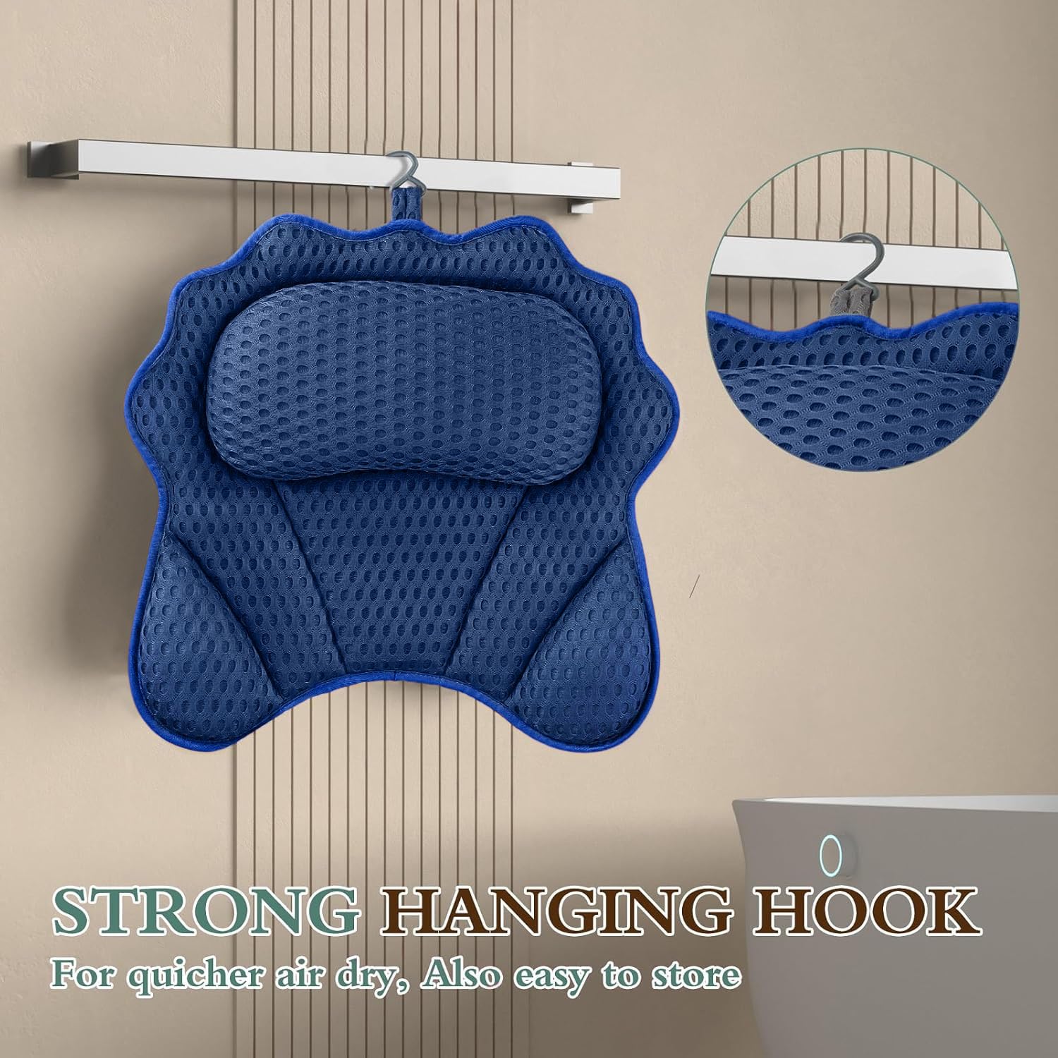 RUVINCE dark blue bath pillow dries quickly after use.
